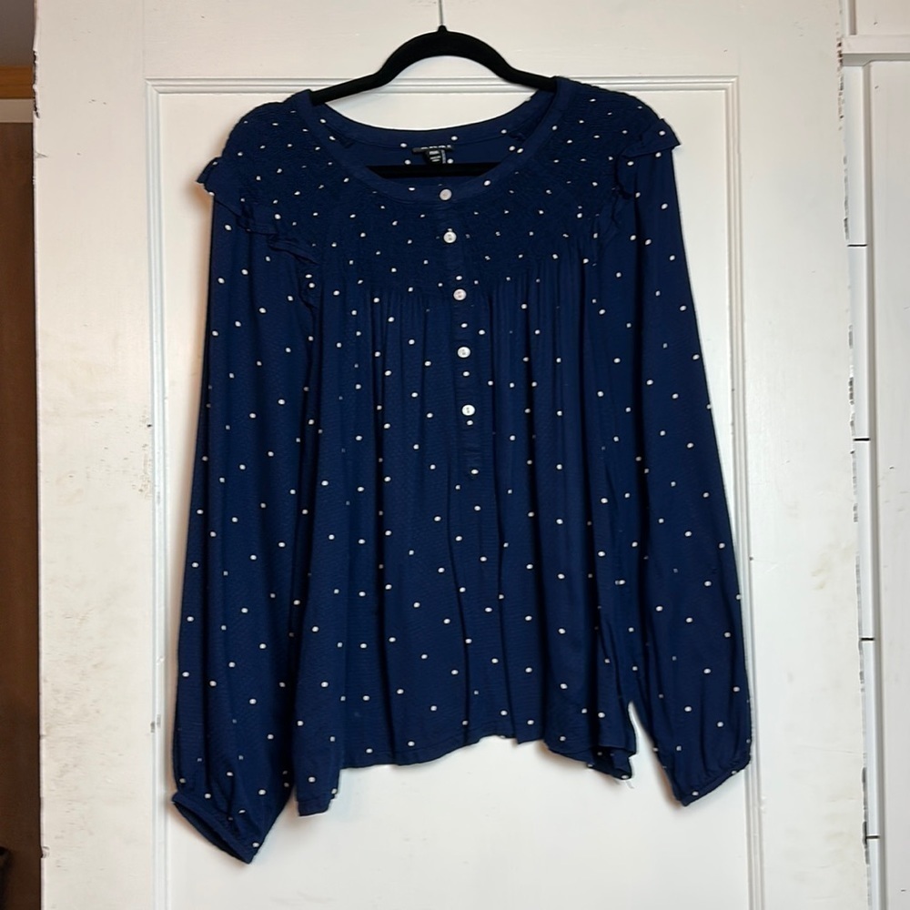 Romantic Navy Polka Dot Top | Smocked Babydoll Peasant Blouse · A.N.A Petite